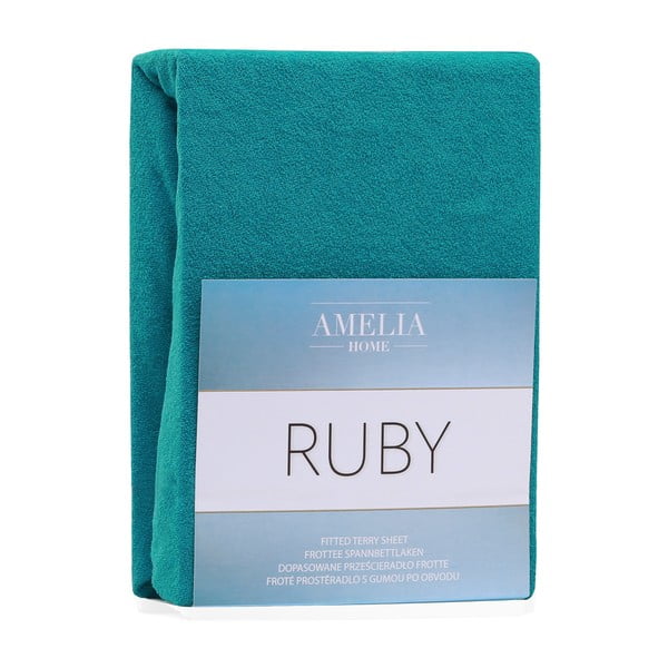 Tamsiai žalios spalvos/mėlynos spalvos iš frote audinio paklodė su guma 140x200 cm Ruby – Restilo-image-2