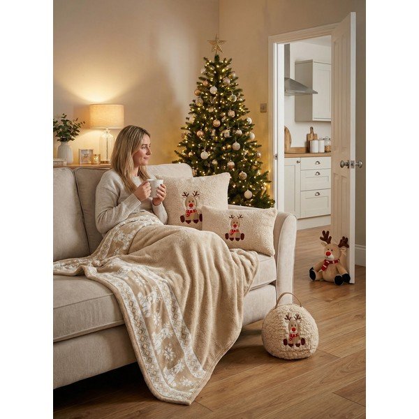 Smėlio spalvos iš flanelės antklodė ir pledas su Kalėdų motyvu 130x160 cm XMAS – Tiseco Home Studio-image-2