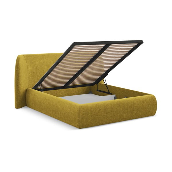 Garstyčių spalvos dvigulė lova audiniu dengta su sandėliavimo vieta su lovos grotelėmis 180x200 cm Hauke – Makamii-image-2