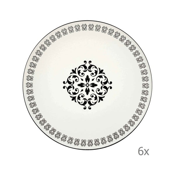 6 kreminio porceliano vakarienės lėkščių rinkinys su juodu ornamentu Mia Libre Rosette, ⌀ 26 cm