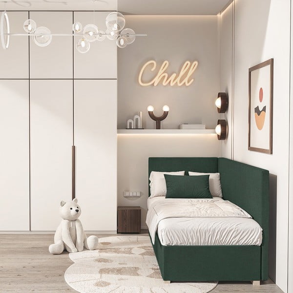 Tamsiai žalios spalvos kampinė vaikiška lova su sandėliavimo vieta su čiužiniu  90x200 cm Flexi – Ghado-image-1