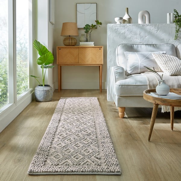 Rankų darbo iš vilnos mišinio kilimas pilkos spalvos 60x230 cm Minerals Diamond – Flair Rugs-image-1