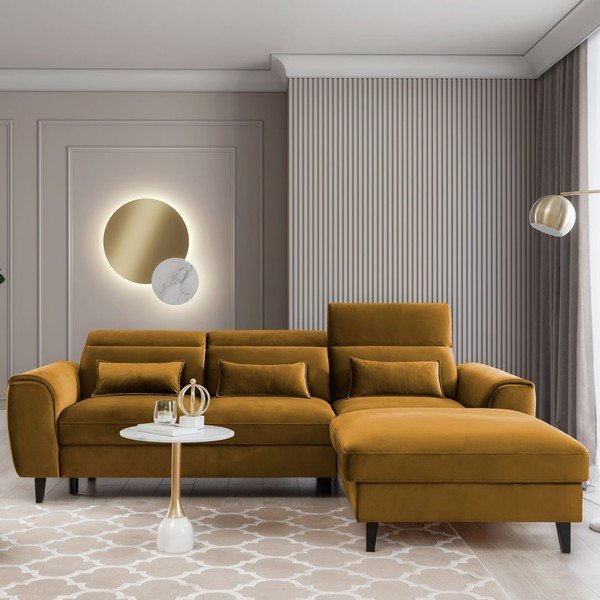 Geltonos spalvos iš velveto sulankstoma/su sandėliavimo vieta kampinė sofa (su dešiniuoju kampu/su gultu) Foble – ELTAP-image-1