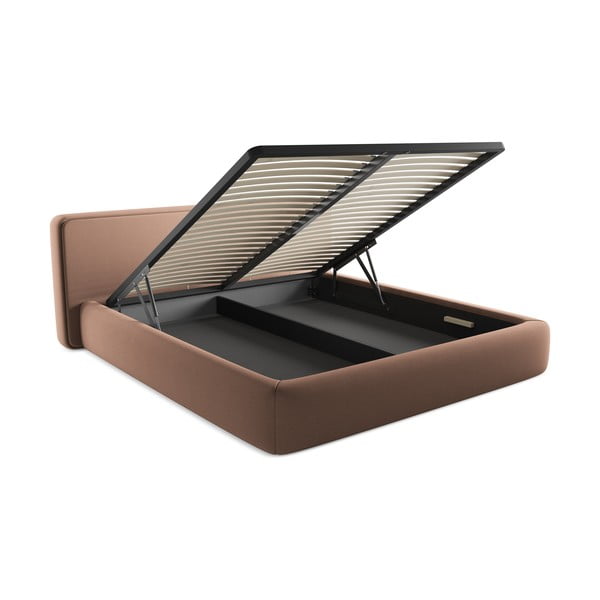 Šviesiai rožinės spalvos dvigulė lova audiniu dengta su sandėliavimo vieta su lovos grotelėmis 180x200 cm Kiana – Makamii-image-3