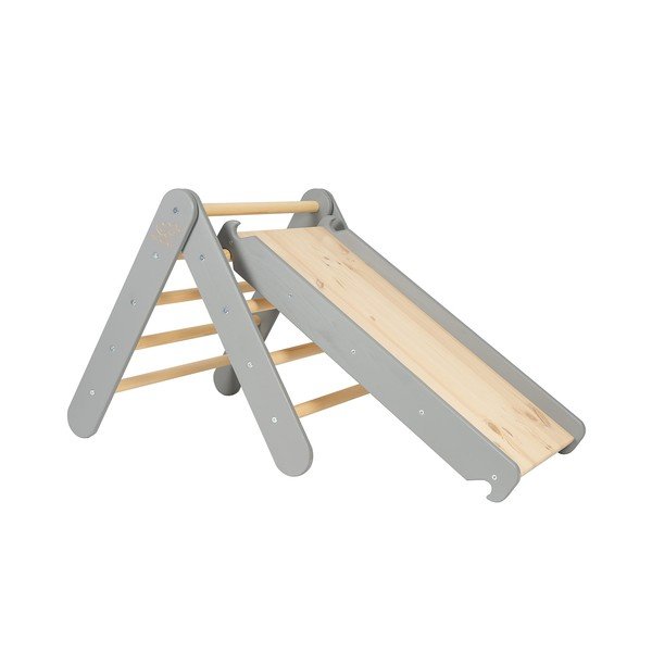 Pilkos spalvos laipiojimo trikampis iš pušies masyvo 46x87x60 cm Montessori – Meowbaby