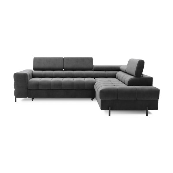 Tamsiai pilkos spalvos iš velveto sulankstoma/su sandėliavimo vieta kampinė sofa (su dešiniuoju kampu/„L“ formos) Ferucce – ELTAP