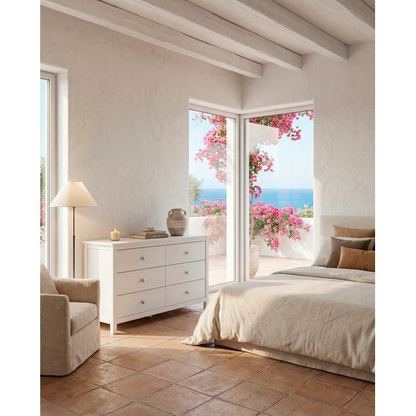 Iš pušies masyvo žema šoninė spintelė baltos spalvos 130x80 cm Berna – Marckeric-image-1