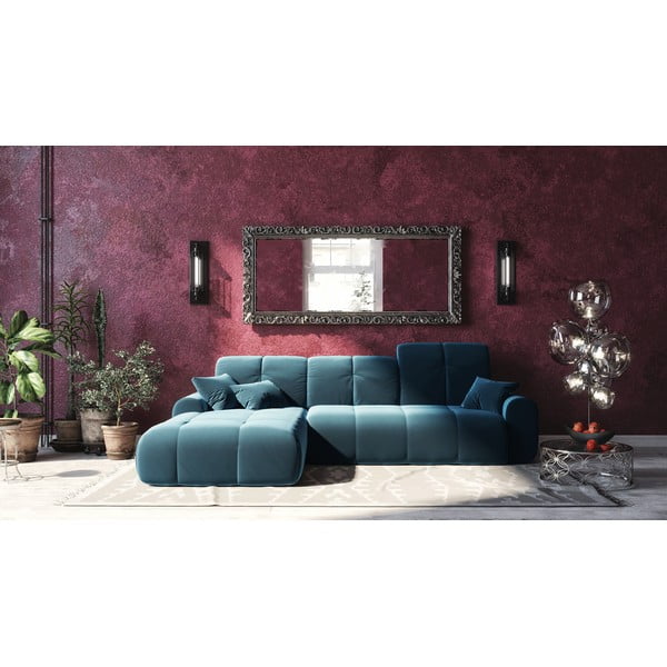 Tamsiai mėlyna aksominė kampinė sofa-lova Devichy Tous, kairysis kampas-image-4