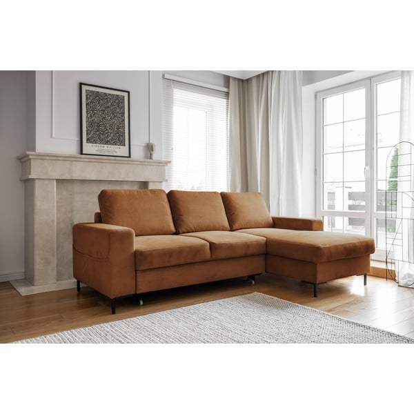 Iš kordinio velveto sulankstoma kampinė sofa oranžinės spalvos/rudos spalvos (su dešiniuoju kampu) Lofty Lilly – Miuform-image-3
