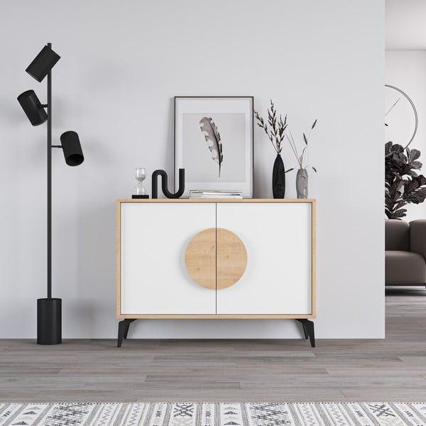 Žema šoninė spintelė baltos spalvos/natūralios spalvos iš ąžuolo 110x82 cm Vae – Marckeric-image-3