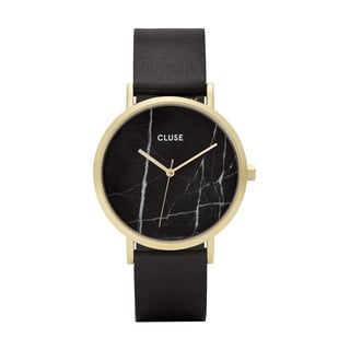 Moteriškas juodas laikrodis su odiniu dirželiu ir marmuriniu ciferblatu Cluse La Roche Rose
