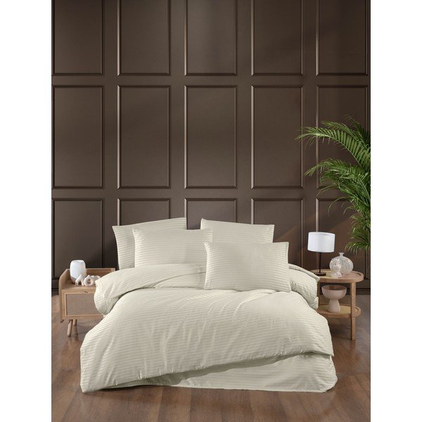 Kreminės spalvos iš damasko dvigulė/itin ilga patalynė su paklode/4 dalių 200x220 cm – Mila Home