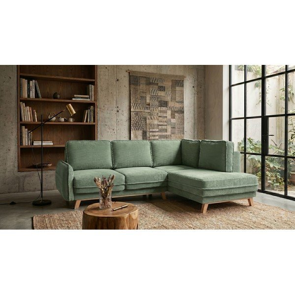 Iš kordinio velveto sulankstoma kampinė sofa šviesiai žalios spalvos (su dešiniuoju kampu) Tori – Bonami Selection-image-1