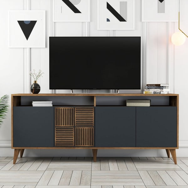 Žema šoninė spintelė antracito spalvos/natūralios spalvos iš riešutmedžio 180x79 cm Milan – Kalune Design-image-3