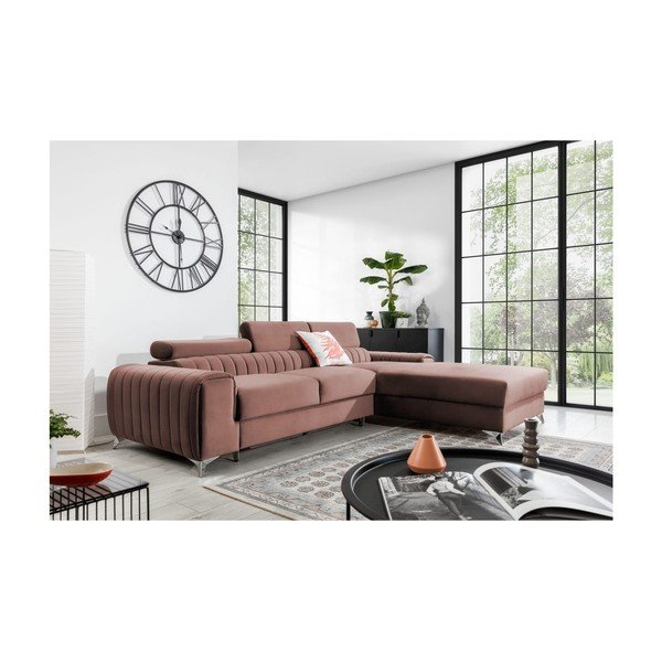 Rožinės spalvos iš velveto sulankstoma/su sandėliavimo vieta kampinė sofa (su dešiniuoju kampu/su gultu) Grayson – ELTAP-image-1