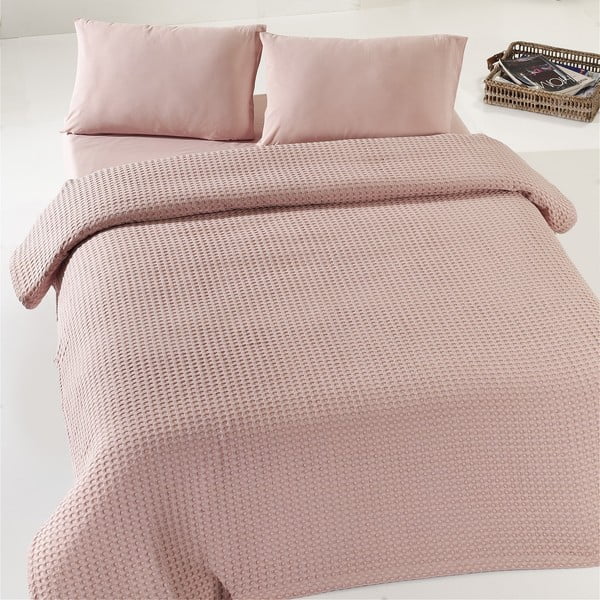Smėlio ir rožinės spalvos lengvas medvilninis dvivietis lovos užtiesalas Dusty Rose Pique, 190 x 225 cm