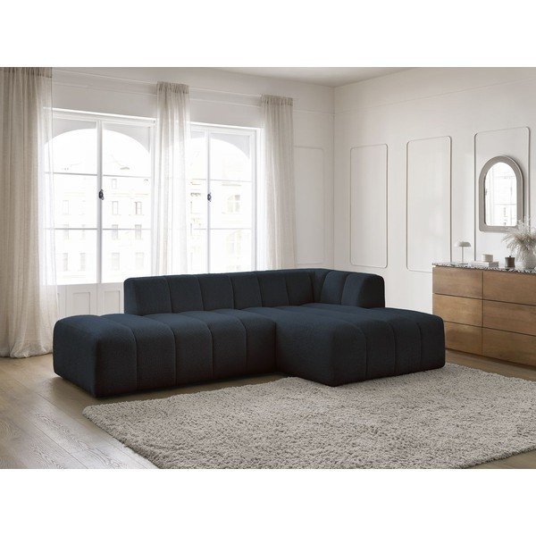Tamsiai mėlynos spalvos iš boucle kampinė sofa (su dešiniuoju kampu/su gultu) Annecy – Bobochic Paris-image-1