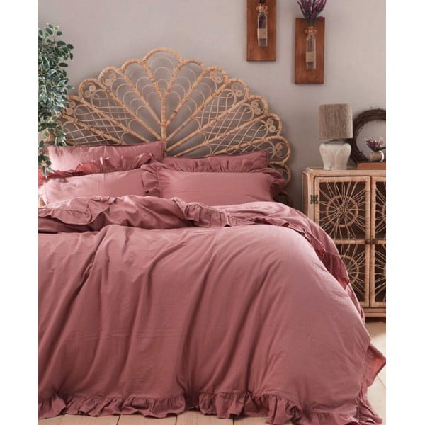 Rožinės spalvos iš ranforce medvilnės dvigulė/itin ilga patalynė 240x220 cm Ruffle Striped – Mila Home Luxury-image-1