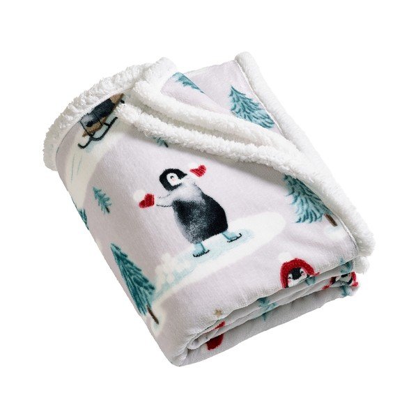 Baltos spalvos antklodė ir pledas su Kalėdų motyvu 170x130 cm Christmas Sherpa Penguins – Catherine Lansfield