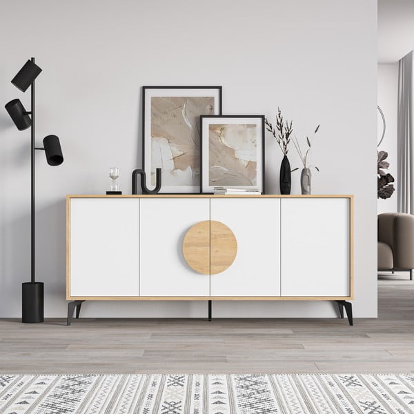 Žema šoninė spintelė baltos spalvos/natūralios spalvos iš ąžuolo 180x82 cm Vae – Marckeric-image-3