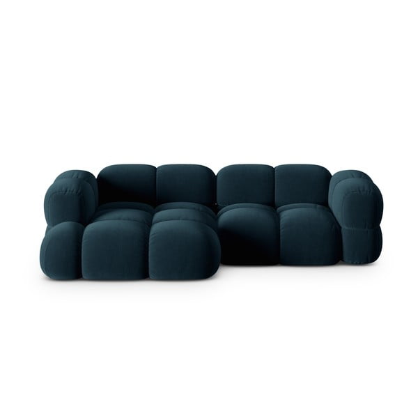 Tamsiai mėlynos spalvos iš velveto kampinė sofa (su kairiuoju kampu/su gultu) Loretto – Cosmopolitan Design