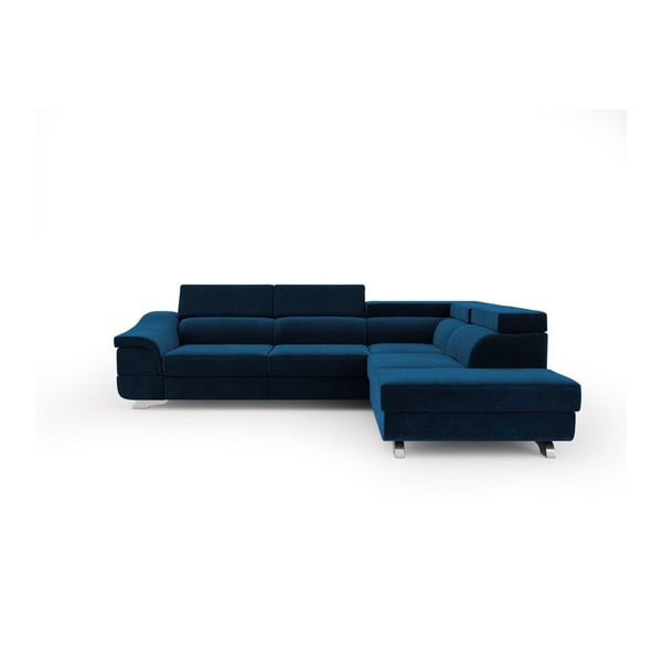"Windsor & Co Sofos Apollon" karališkai mėlynos spalvos aksomu apmušta kampinė sofa-lova, dešinysis kampas