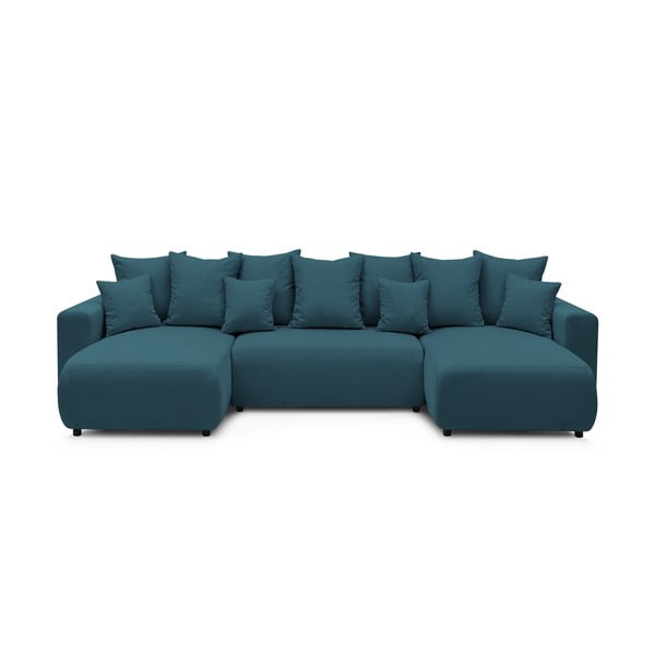 Mėlyna velvetinė U formos sofa-lova Bobochic Paris Envy