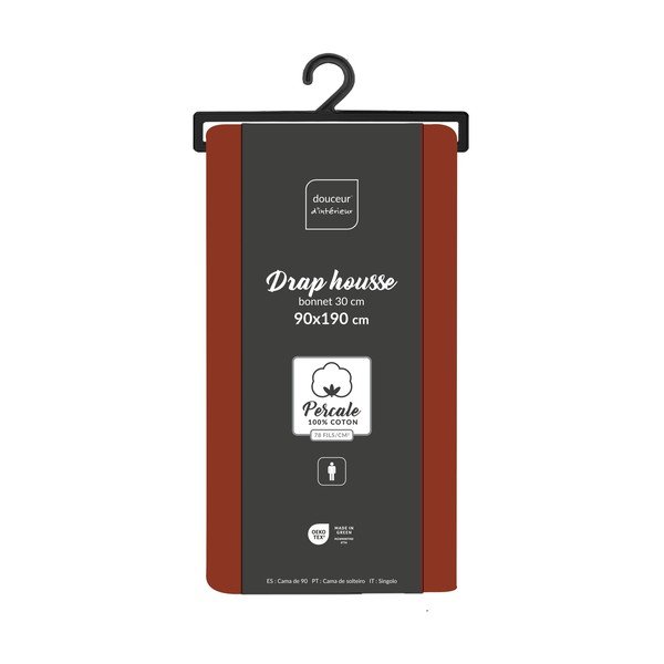 Raudonos plytų spalvos iš medvilninio perkelio paklodė su guma 90x190 cm Percaline – douceur d'intérieur-image-2