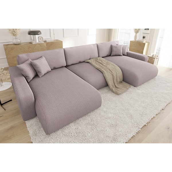Šviesiai rožinės spalvos iš kordinio velveto sulankstoma/su sandėliavimo vieta kampinė sofa Sara – Ropez-image-3