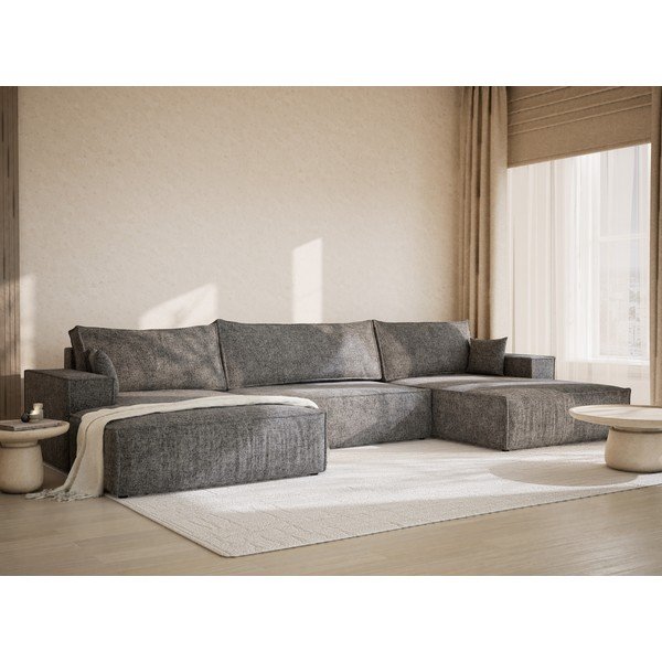 Pilkos spalvos sulankstoma/su sandėliavimo vieta kampinė sofa iš šenilinio audinio („U“ formos) Kyoto – Maison de Rêve-image-1