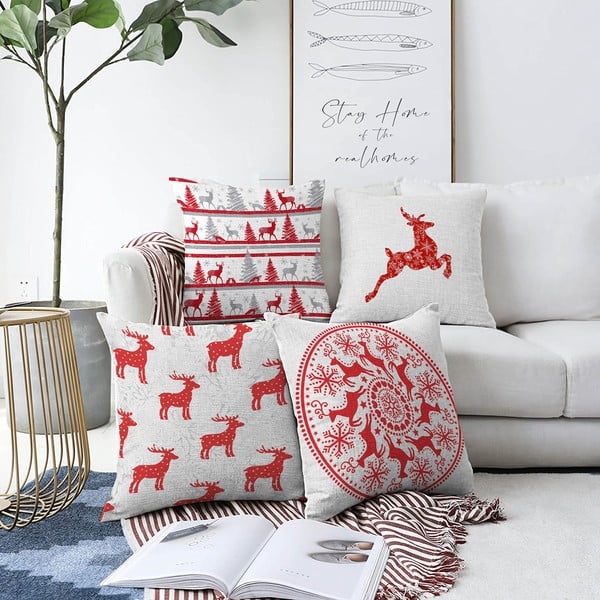 4 kalėdinių šenilinių užvalkalų rinkinys Minimalist Cushion Covers Reindeer, 55 x 55 cm