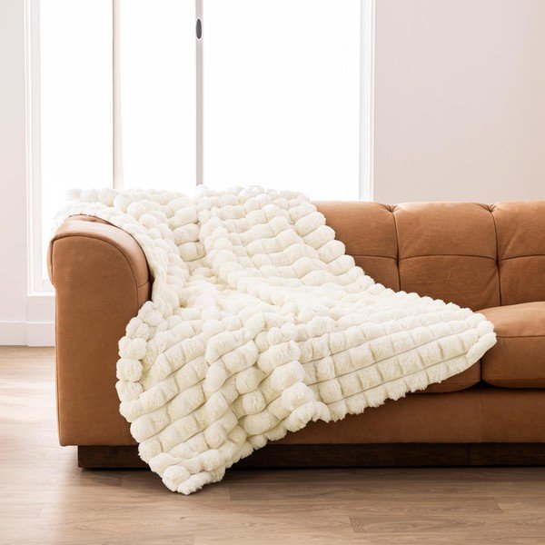 Kreminės spalvos iš mikropliušo/iš dirbtinio kailio antklodė ir pledas 180x220 cm Igloo – douceur d'intérieur-image-2