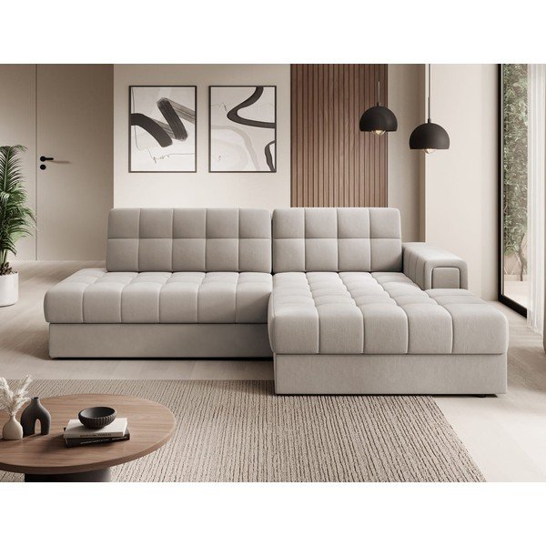Smėlio spalvos iš velveto sulankstoma kampinė sofa (su dešiniuoju kampu/su gultu) Blezalt – ELTAP-image-1