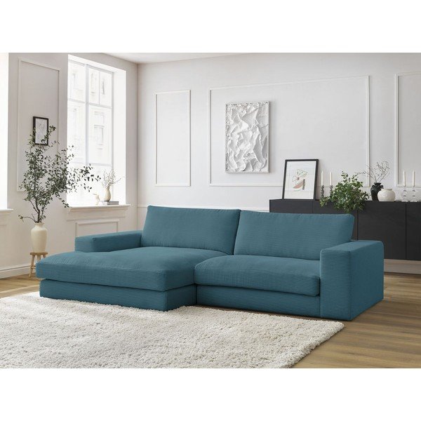 Mėlynos spalvos iš kordinio velveto kampinė sofa (su kairiuoju kampu/su gultu) Leonard – Bobochic Paris-image-1