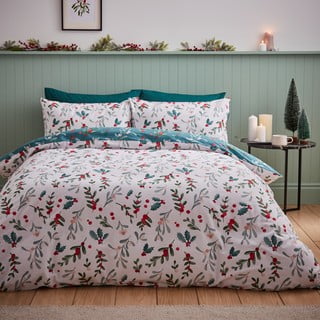 Iš flanelės viengulė patalynė baltos spalvos/žalios spalvos 135x200 cm Holly and Mistletoe – Catherine Lansfield