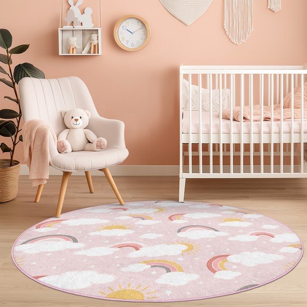Skalbiamas rožinės spalvos vaikiškas kilimas ø150 cm Rainbow World – Mila Home-image-3