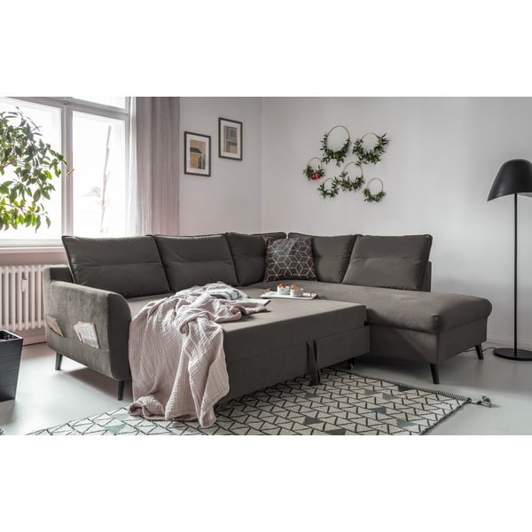 Tamsiai pilka velvetinė kampinė sofa-lova Miuform Stylish Stan, dešinysis kampas-image-4