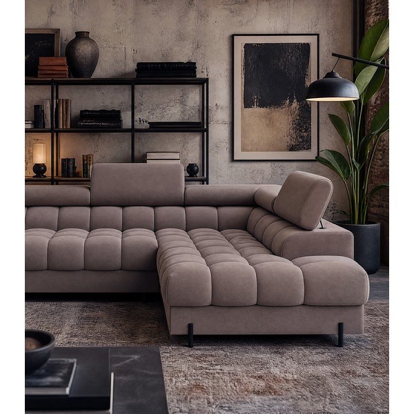 Šviesiai rudos spalvos iš velveto sulankstoma kampinė sofa (su dešiniuoju kampu/„U“ formos) Feraria – ELTAP-image-3
