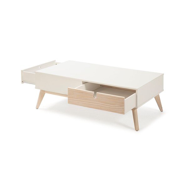 Baltas žurnalinis staliukas su 2 stalčiais ir pušies medienos kojomis Marckeric Kiara-image-4