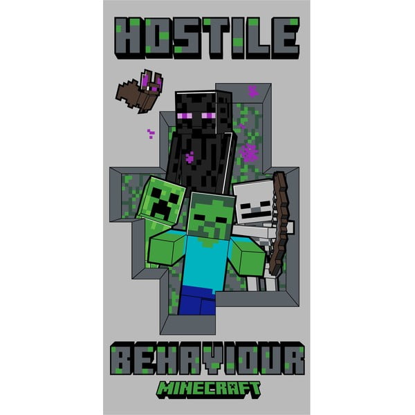 Pilkos spalvos iš medvilnės vaikiškas rankšluostis 70x140 cm Minecraft Hostile Behaviour – Jerry Fabrics