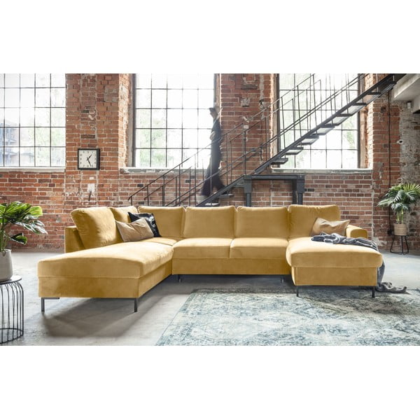 Geltona aksominė U formos sofa Miuform Lofty Lilly, kairysis kampas-image-1