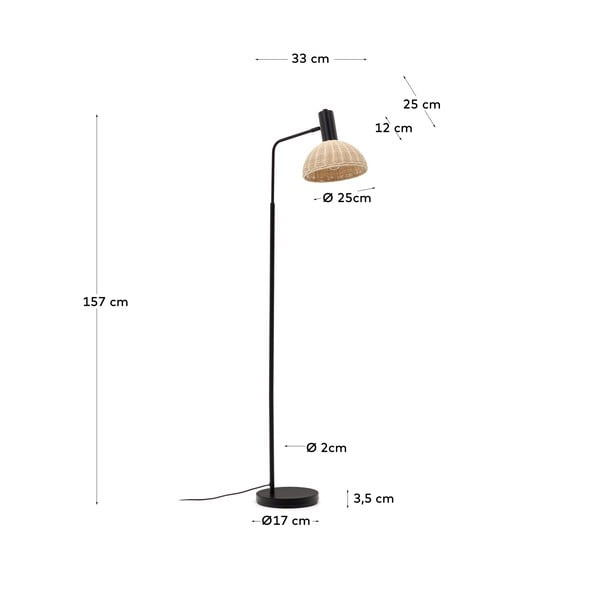 Pastatomas šviestuvas juodos spalvos/natūralios spalvos (aukštis 157 cm) su rotango gaubtu Damila – Kave Home-image-4