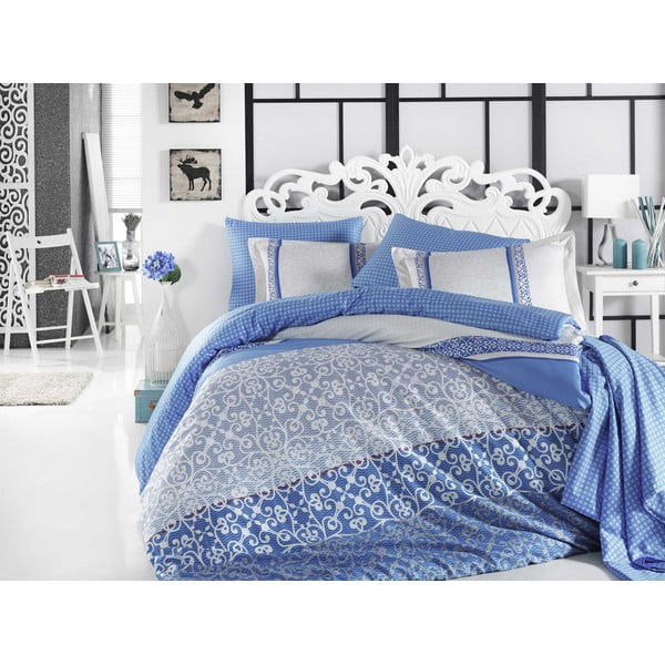 Mėlyna medvilninio satino patalynė su paklode dvivietei lovai Laura, 200 x 220 cm