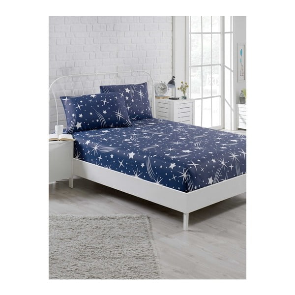 Mėlynos elastinės paklodės ir 2 užvalkalų rinkinys viengulėlei lovai "Clementino Starro", 160 x 200 cm