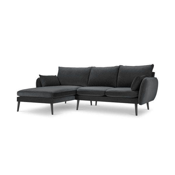 Tamsiai pilka aksominė kampinė sofa su juodomis kojomis Kooko Home Lento, kampas kairėje-image-3