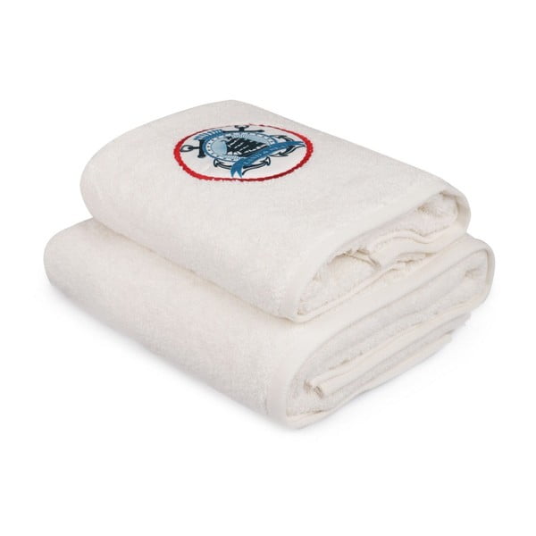 Baltas rankšluosčių ir baltų vonios rankšluosčių rinkinys su "Land & Sea" spalvų detalėmis