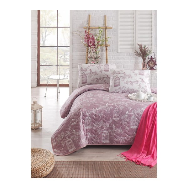 Violetinės spalvos dygsniuotas lengvas lovos užvalkalas su pagalvės užvalkalu Samyeli, 160 x 220 cm