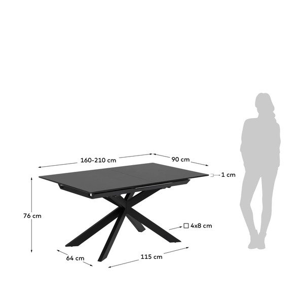 Prailginamas valgomojo stalas juodos spalvos su stikliniu stalviršiu 90x210 cm Atminda – Kave Home-image-4