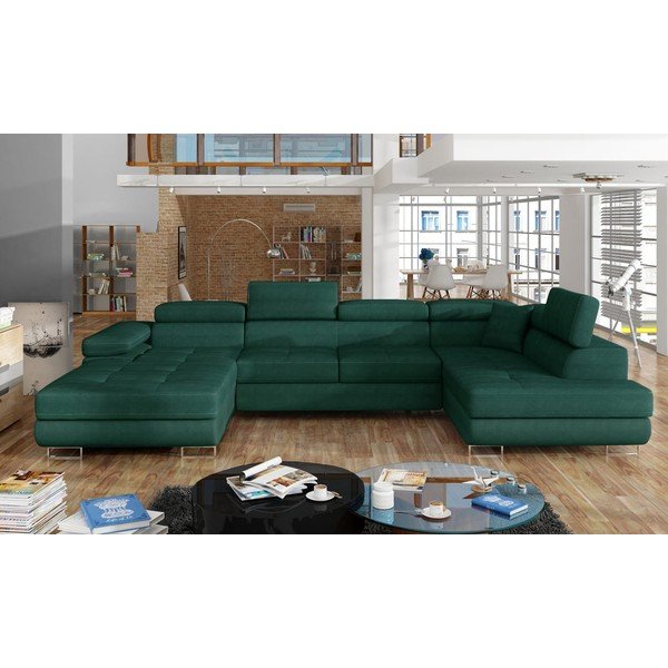 Žalios spalvos iš velveto sulankstoma/su sandėliavimo vieta kampinė sofa (su dešiniuoju kampu/„U“ formos) Rodrigo – ELTAP-image-1