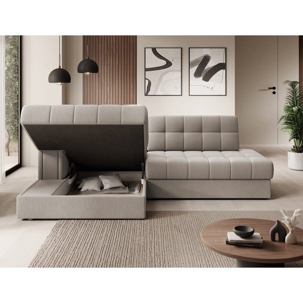 Smėlio spalvos iš velveto sulankstoma kampinė sofa (su kairiuoju kampu/su gultu) Blezalt – ELTAP-image-4